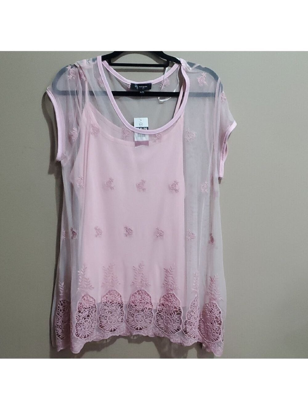 Lily Morgan Pink Sheer Embroidered Top Size Xl